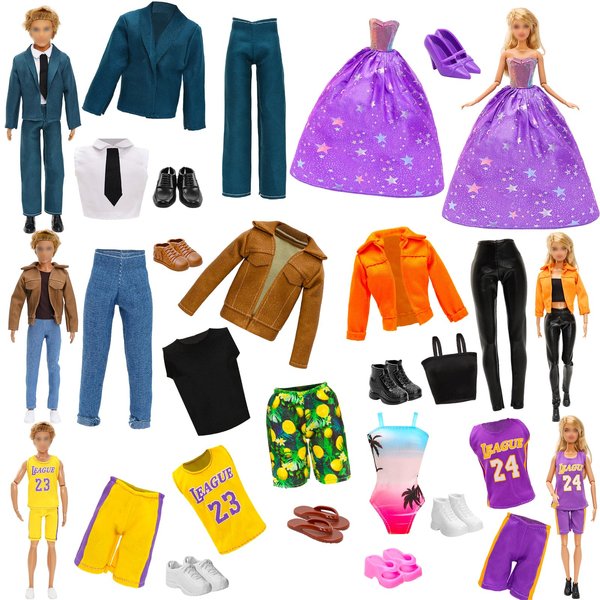 16 Pcs Couple Doll Clothes & Accessories - 4 Set Boy Doll Clothes 4 Pairs of Shoes 4 Set Girl Doll Clothes 4 Pairs of Shoes for 11.5-12 Inch Dolls Include Coats Party Gowns Sport Wears