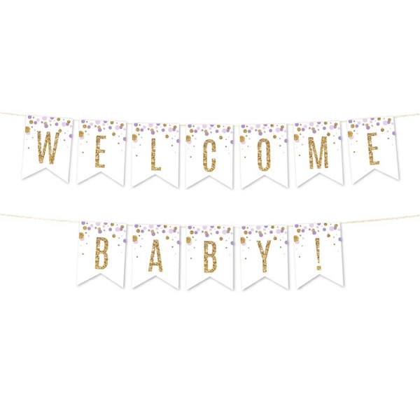 Andaz Press Lavender Gold Glitter Girl Baby Shower Party Collection, Hanging Pennant Party Banner with String, Welcome Baby!, 5-Feet, 1 Set