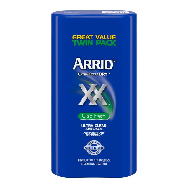 Arrid XX Extra Extra Dry Ultra Clear Aerosol Antiperspirant Deodorant, Ultra Fresh ,Twin Pack, 6 Ounce (Pack of 2) Packaging May Vary