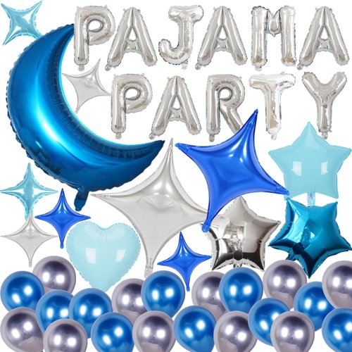 44 Pieces PAJAMA PARTY Balloons Blue Moon Star Heart Aluminum Foil Balloons Silver Latex Balloons for Girls Women Boys Slumber Party Sleepover Birthday Party Spa Party Decoration (Blue)