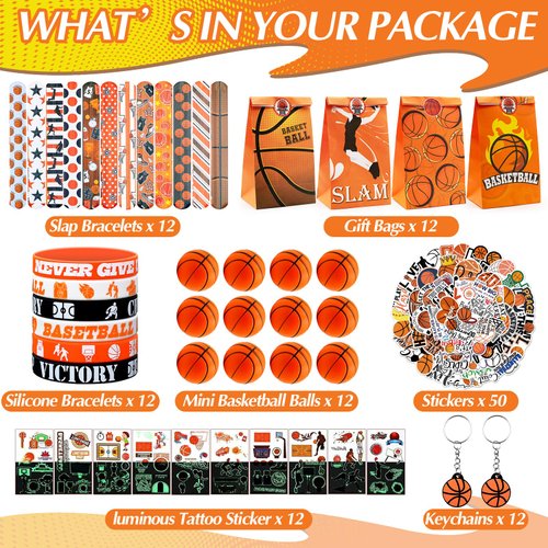BOIKOKY 122Pcs Basketball Party Favors Basketball Goodie Bag Favors with Stress Ball Keychain Tattoo Sticker Silicone Bracelet for Basketball Themed Birthday Party Supplies