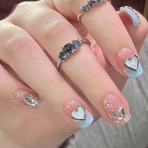 Hkanlre Square Press on Nails Short Pink Crystal Fake Nails Heart Tips Full Cover False Nails for Women and Girls 24PCS