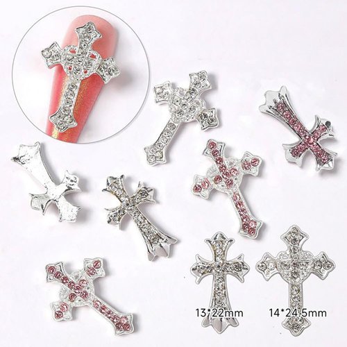 3D Cross Nail Charms, Silver Crystal Cross Nail Decorations for Nail Art, 10Pcs, Metal Nail Art Rhinestones Cross Charms for DIY Designs Supplies (Silver)