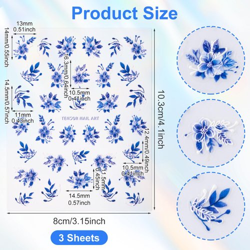 Nuorest 3 Sheets 5D Flowers Nail Art Stickers, Floral Nail Decals, Blue White Flower Nail Stickers, Adhesive Nail Decorative Accessories for Acrylic Nails, French Tips, Manicure for Women Girls
