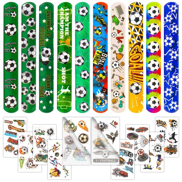 Moncinday 40Pcs Soccer Slap Bracelets Party Favors with Soccer Tattoo Birthday Gifts Soccer Party Decorations Snap Band for Kids Boys