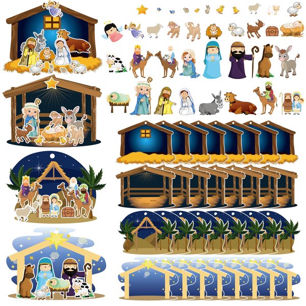 Glenmal 32 Sheets Make a Nativity Scene Sticker Cardboard Ornament Craft Kit Christmas Nativity Stickers with Nativity Scene Cardboard and Rope Funny Christmas Crafts for Religious Party Favor