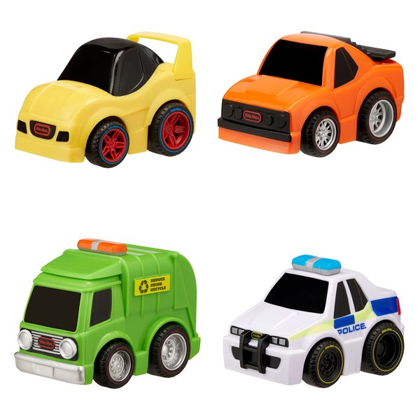 Little Tikes My First Cars Crazy Fast Cars 4-Pack Series 5 – Garbage Truck (Recycle), Race Car (Yellow), Muscle Car (Orange), Police Car (International), Pullback Toy Car Vehicles