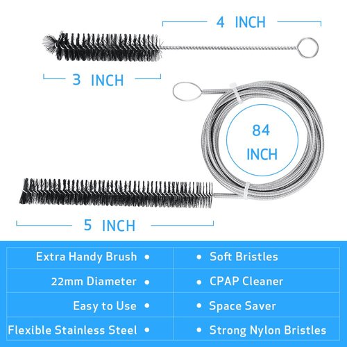 CPAP Tube Cleaning Brush – 7ft Flexible Stainless CPAP Mask and Tube Cleaning Brush and Handy 7.28in Mask Brush for Standard 22mm Diameter Tube – 2pcs