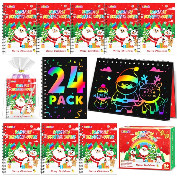 pigipigi Christmas Party Favor for Kids: 24 Pack Rainbow Art Scratch Notebook, Colorful Craft Scribble Paper Magic Black Drawing Pad kit, Activity Toy Gift Set for Girl Boy Children Birthday Christmas