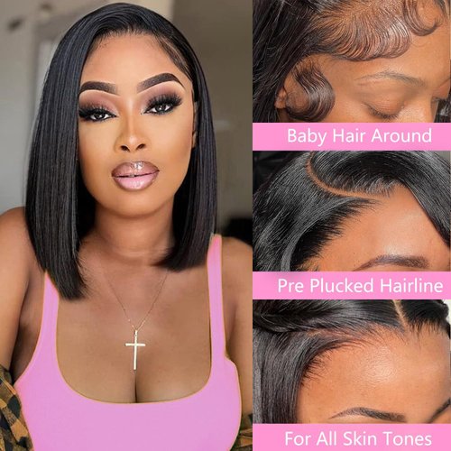 LYBYL Lace Front Bob Wigs Human Hair 13x4 HD Lace Glueless Bob Wig Human Hair 14 Inch Short Straight Frontal Bob Wigs for Black Women Human Hair Pre Plucked with Baby Hair Side Part 150% Density
