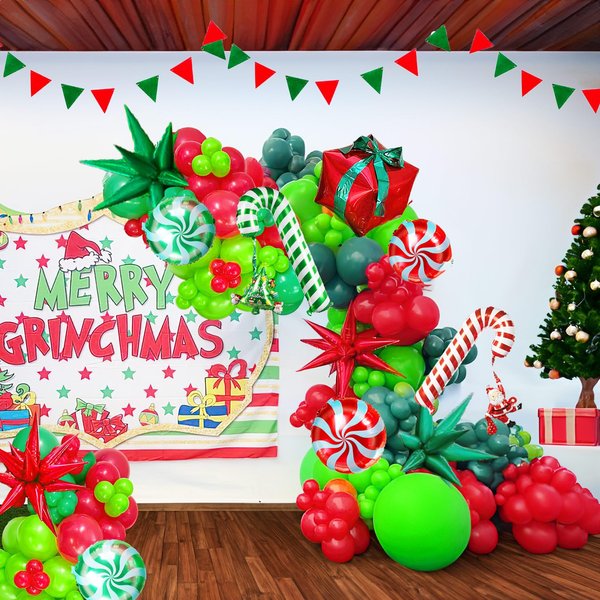 LuftParty Christmas Balloon Garland Kit 120pcs Xmas Red Green Balloons with candy cane Christmas tree gift box Balloons for Kids Grinchmas Party Naughty Christmas Birthday Decorations