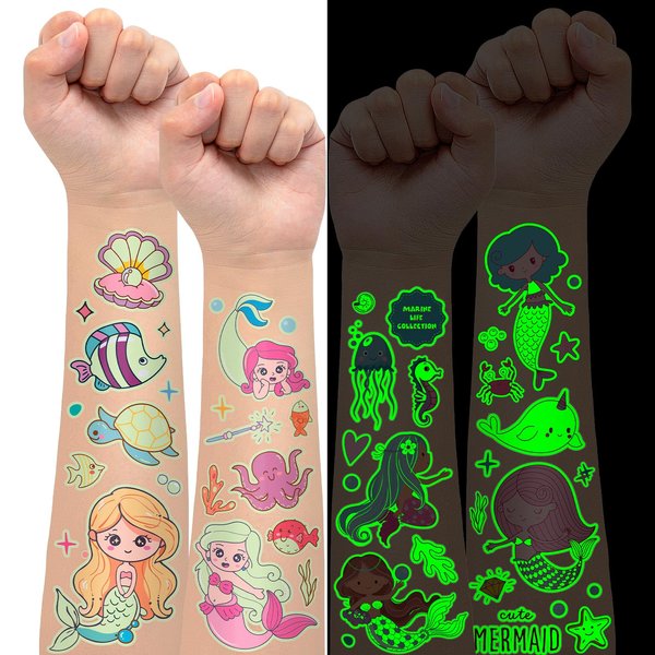 EMOME 140+ Styles Luminous Kids Tattoos, Temporary Tattoo Stickers Waterproof for Boys and Girls, Children Glow Party Favors Supplies Games (Mermaid)