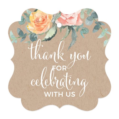 Andaz Press Peach Kraft Brown Rustic Floral Garden Party Baby Shower Collection, Fancy Frame Gift Tags, Thank You for Celebrating with US, 24-Pack