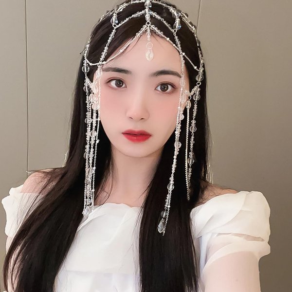 Wiwpar Boho Crystal Long Chain Tassel Headpiece Layered Tassel Hair Chain Sparkle Rhinestone Forehead Headband Wedding Headpiece Festival Costume Hair Accessories for women Girls