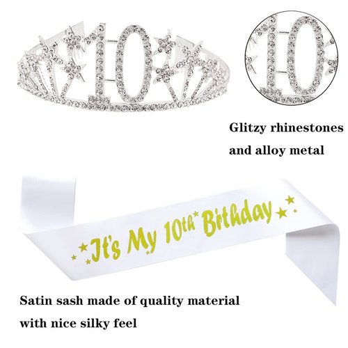 Happy 10th Birthday Tiara and Sash Gifts Crystal Rhinestone Princess Crown Birthday Girl Party Favor Supplies Silver Crowns White Sash