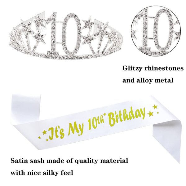 Happy 10th Birthday Tiara and Sash Gifts Crystal Rhinestone Princess Crown Birthday Girl Party Favor Supplies Silver Crowns White Sash