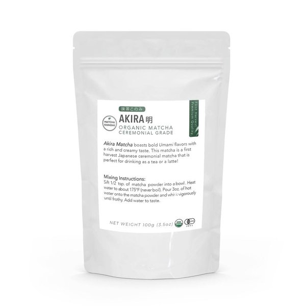 Akira Matcha 100g - Organic Premium Ceremonial Japanese Matcha Green Tea Powder - First Harvest - Zero Sugar - USDA and JAS Certified (3.5 oz bag)