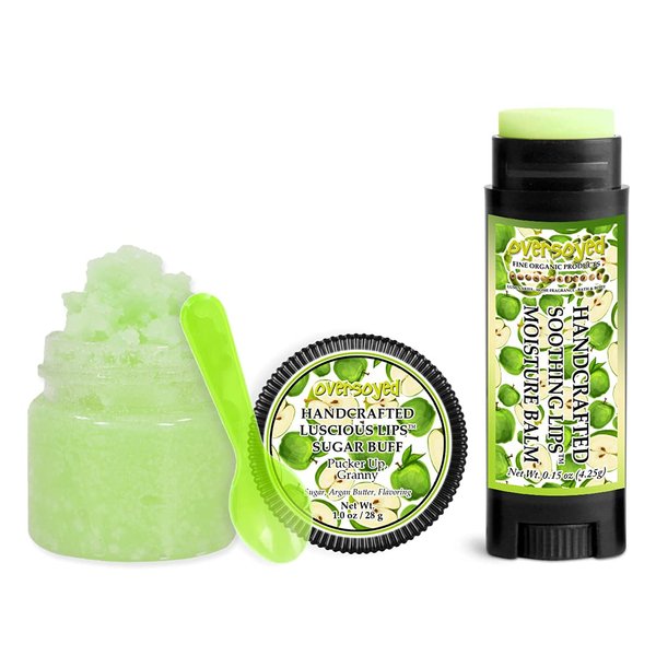 Pucker Up, Granny Soothing & Luscious Lips by OverSoyed Exfoliator & Chapped Lip Repair Lip Care Combo | Artisan Handcrafted to Order Sweet Green Apple Citrus Pear Floral Sugary Flavored Exfoliating Sugar Lip Scrub & Lip Moisturizer Balm Gift Set