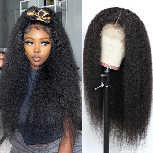 veravicky Kinky Straight Human Hair Wigs for Women 28 inch Glueless Kinky Straight Lace Front Wigs Pre Plucked Hairline with Baby Hair 180% Density Yaki Straight Human Hair Wigs