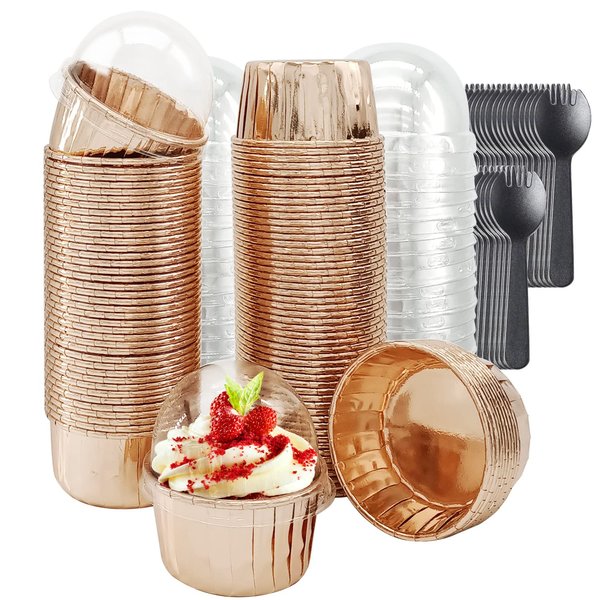 Foil Cupcake Liners with Lids 100Pack,Free-Air 3.5Oz Mini Muffin Liners Cupcake Baking Cups,Disposable Muffin Tins Cupcake Wrappers for Wedding Birthday Party, with Spoons-Champagne