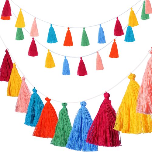 WILLBOND 4 Pieces Tassel Garland Boho Colorful Tassel Banner Decorative Wall Hanging for Home Decoration Wedding Birthday Baby Shower Party Supplies, Pre-Assembled (Tassel in 6.3 Inches)
