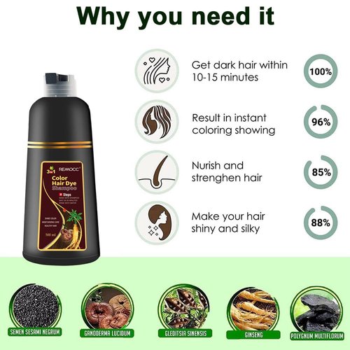 Remocc Instant Brown Hair Dye Shampoo for Women Men, Hair Coloring Shampoo for Gray Hair, 500ml Herbal Ingredients 3 in 1 Brown Hair Dye - 100% Gray Coverage Coloring in Minutes 16.9 Fl Oz