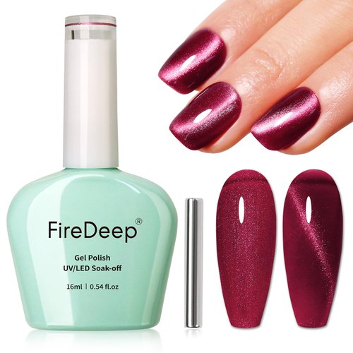 Firedeep Blood Red Ruby Red Magnetic Cat Eye Gel Nail Polish 16ml Wine Red Holographic Glitter Jelly Gel Polish UV/LED Gel Polish with Magnetic Stick