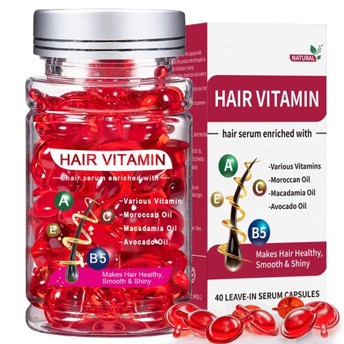 Hair Serum for Frizzy & Dry Hair, Hair Treatment Oil for Damaged Hair, Hair Vitamin Oil Capsules with Argan, Avocado, Moroccan Oil, Anti Frizz Leave in Conditioner with Vitamin A, C, E & B5 (40 Caps)