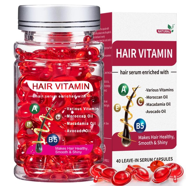 Hair Serum for Frizzy & Dry Hair, Hair Treatment Oil for Damaged Hair, Hair Vitamin Oil Capsules with Argan, Avocado, Moroccan Oil, Anti Frizz Leave in Conditioner with Vitamin A, C, E & B5 (40 Caps)
