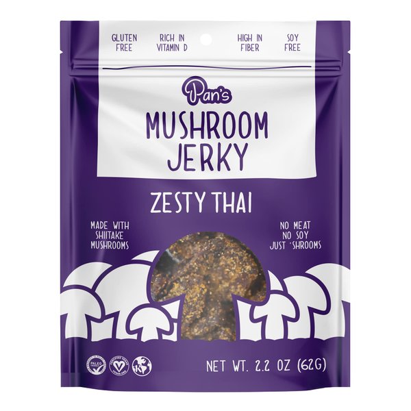 Pan's Mushroom Jerky, Organic, Vegan Snacks, Dried Mushrooms Shitake, Plant based Jerky, Meatless Jerky, Gluten Free, High in Fiber, with Zesty Thai flavor (2.2 Ounce, Pack of 1)