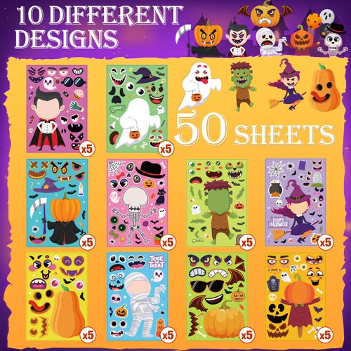 catnee Halloween Stickers for Kids 50 Sheets, Halloween Party Games Stickers, DIY Halloween Crafts Make a Face Halloween Stickers, Kids Halloween Toys Gifts Treats Decorations Activities Party Favors