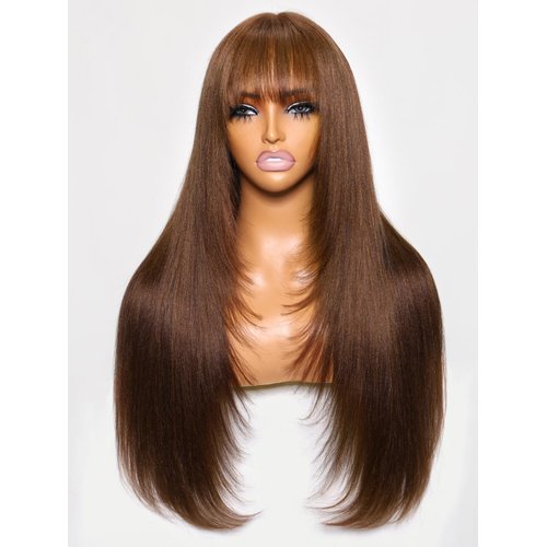 Sunber Yaki Straight 4x2 Lace Closure Chocotlate Brown Yaki Straight with Bangs None Lace Front Wigs 12A Brazilian virgin Hair Wigs with Curtain Bangs Glueless Full Machine Made 180% Density 20Inch