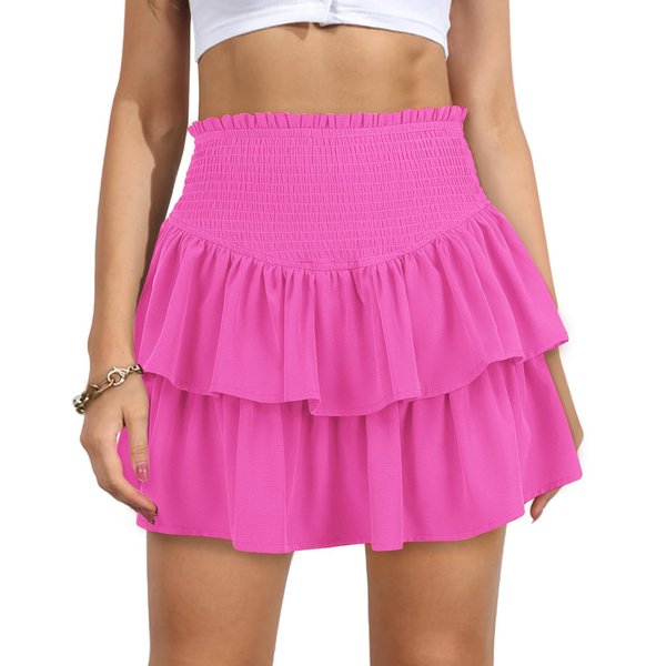 Vigorics Pink Skirt Ruffle Mini Skirts for Women Dressy Casual High Waisted Smocked Skirt Schoolgirl Skirt for Parties and Nightlife Pink M