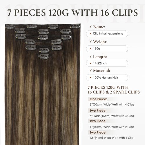 EYEFULL STELL Ombre Clip in Hair Extensions 20 inch 120G 7PCS Remy Real Human Hair Balayage Chocolate Brown to Caramel Blonde Clip on Human Hair Extensions Natural Straight Clip ins Hair Double Weft