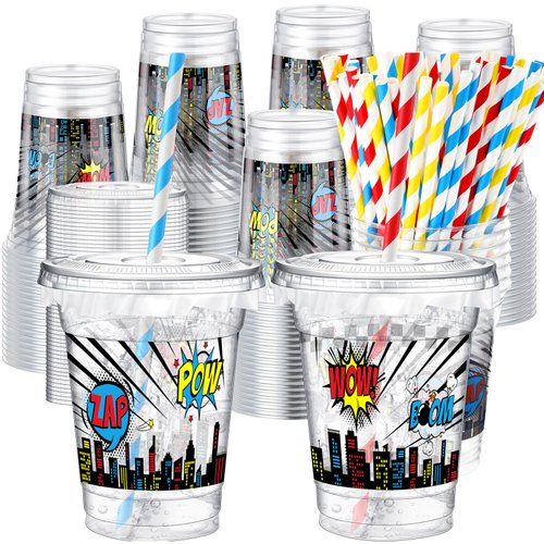 Teenyyou 50 Pcs Party Cups 12 oz Disposable Plastic Cups with Straws, Lids and Leakproof Paper Clear Cup Birthday Cups Supplies Birthday Table Decorations Party Favor (Multicolor,Hero)
