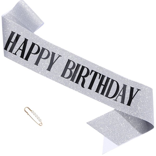 ZHBDPaty "Happy Birthday Glitter Sash with Pearl Pin for Women Girls Party Supply Favors (2 Silver Black)