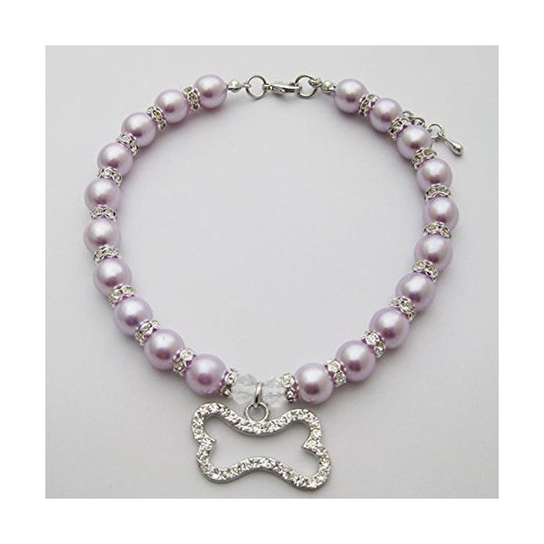 PETFAVORITES Crystal Dog Pearls Necklace Jewelry with Bling Rhinestone Bone Charm for Small Dogs Girl - Chihuahua Yorkie Clothes Costume Outfits Accessories, Adjustable (Purple, 12 to 14-Inch)