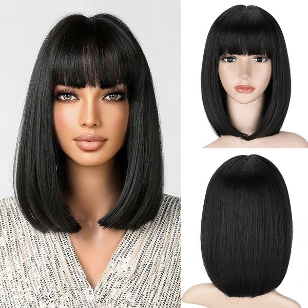 Lusina Short Bob Wigs With Bangs Human Hair Wig For Black Women Brazilian None Lace Front Wigs Machine Made Bob Wigs 150% Density 14 Inch. (14 inch, 1B)…