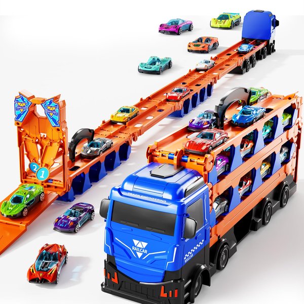 CuteMelon Carrier Truck Race Track Boys Toys, 78-Inch Toy Truck Transport Car Race Track & 12 Die-Cast Metal Toy Cars, Toddler Truck Car Toys Track Set Gifts for Age 3 4 5 6+ Years Old Kids Boys Girls