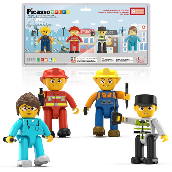 Picasso Toys Magnetic Action Figures 4 Piece City Builder Character for Magnet Building Block Tiles Expansion Pack Construction Toddler Toy Educational STEM Learning Pretend Playset Age 3 and up PTA18
