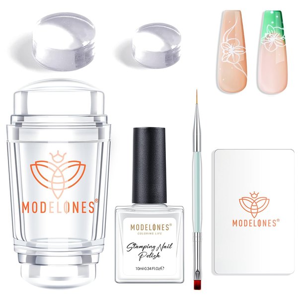 modelones French Tip Nail Stamp - 7Pcs Silicone Nail Art Stamper Kit with Replacement French Nail Stamper Head, Nail Stamping Plate, 15ml Transfer Oil French Manicure Kit for Home DIY Nail Art Salon