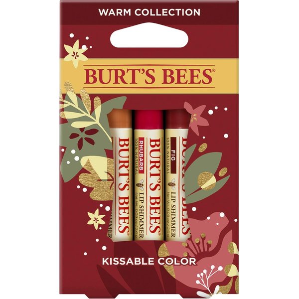 Burt's Bees Kissable Color Holiday Gift Set, 3 Lip Shimmers in Festive Gift Box, Warm Collection in Peony, Fig and Rhubarb