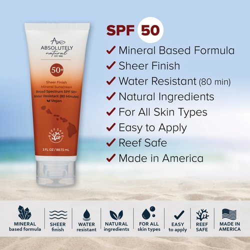Absolutely Natural SPF 50+ Mineral Sunscreen Lotion - Anti-Aging Sunblock for Body & Face, Made with Rose Hips, Aloe, Zinc Oxide and Other Cruelty Free and Reef Safe Ingredients - Made in USA