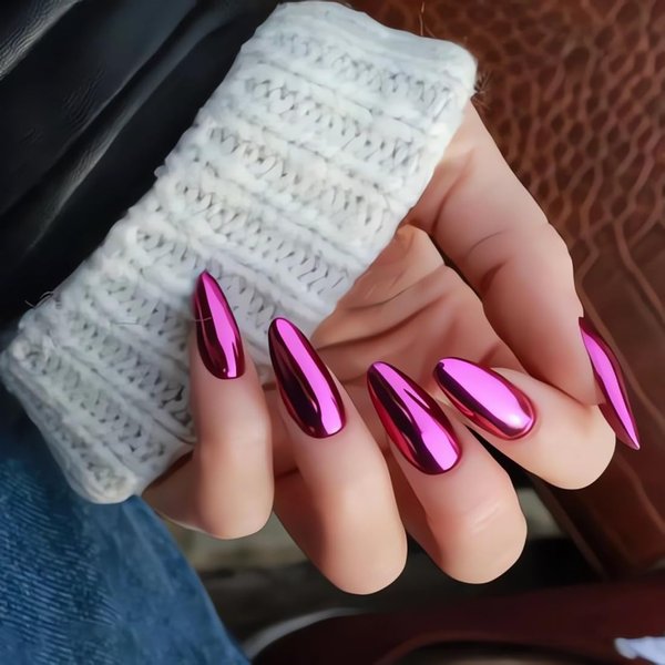 Purple Chrome Press on Nails Medium Almond Mirror Metal Fake Nails Glue on Plating Artificial Nails Pointed Solid Medium Length Metallic False Nails Acrylic Nails Stick on Nails for Women in 24PCS