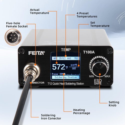 FEITA T12 Soldering Iron Station Kit Tool for Electronics, With 3 Solder Iron Tips, 1 Soldering Wire & Stand, 1 ESD Tweezer, Soldering Machine with °F-°C Conversion, Auto Sleep & Shutdown
