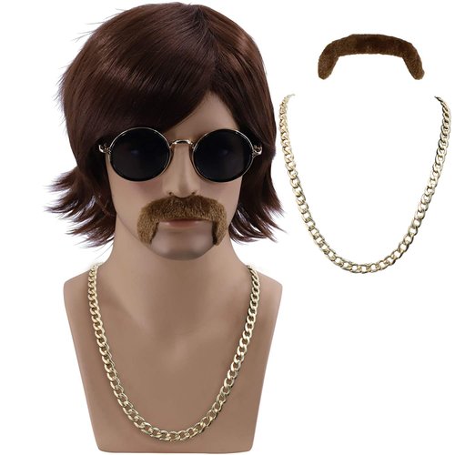 Cfalaicos 3-Pieces Chain and Moustache and Short Brown Costume Wig 60S 70S Mens Party Wig