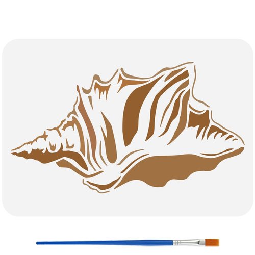 FINGERINSPIRE Conch Shell Stencils with a Paint Brush 11.7x8.3Inch Reusable Marine Life Stencils PET Conch Decoration Stencils Conch Shell Pattern Stencils Ocean Themes Template for Wood Wall Fabric