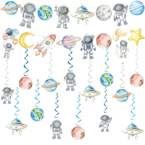 52 Pcs Outer Space Birthday Party Deorations, Outer Space Banner Solar System Ceiling Hanging Swirls Astronaut Foil Swirls Streamers for Kids Boys Space Themed Planet Party Decorations Supplies