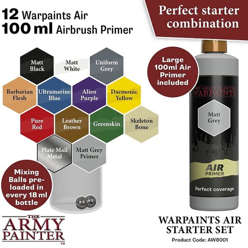 The Army Painter 13 Piece Starter Airbrush Paint Set with Watercolor and Acrylic Paints in Assorted Colors