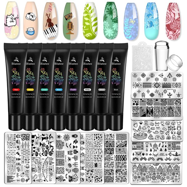 Biutee Nail Stamping Plates set 8 pcs Nail stamping polish gel 10pcs Templates with stamper Nail Art Plates set Nail Plates animal flower design